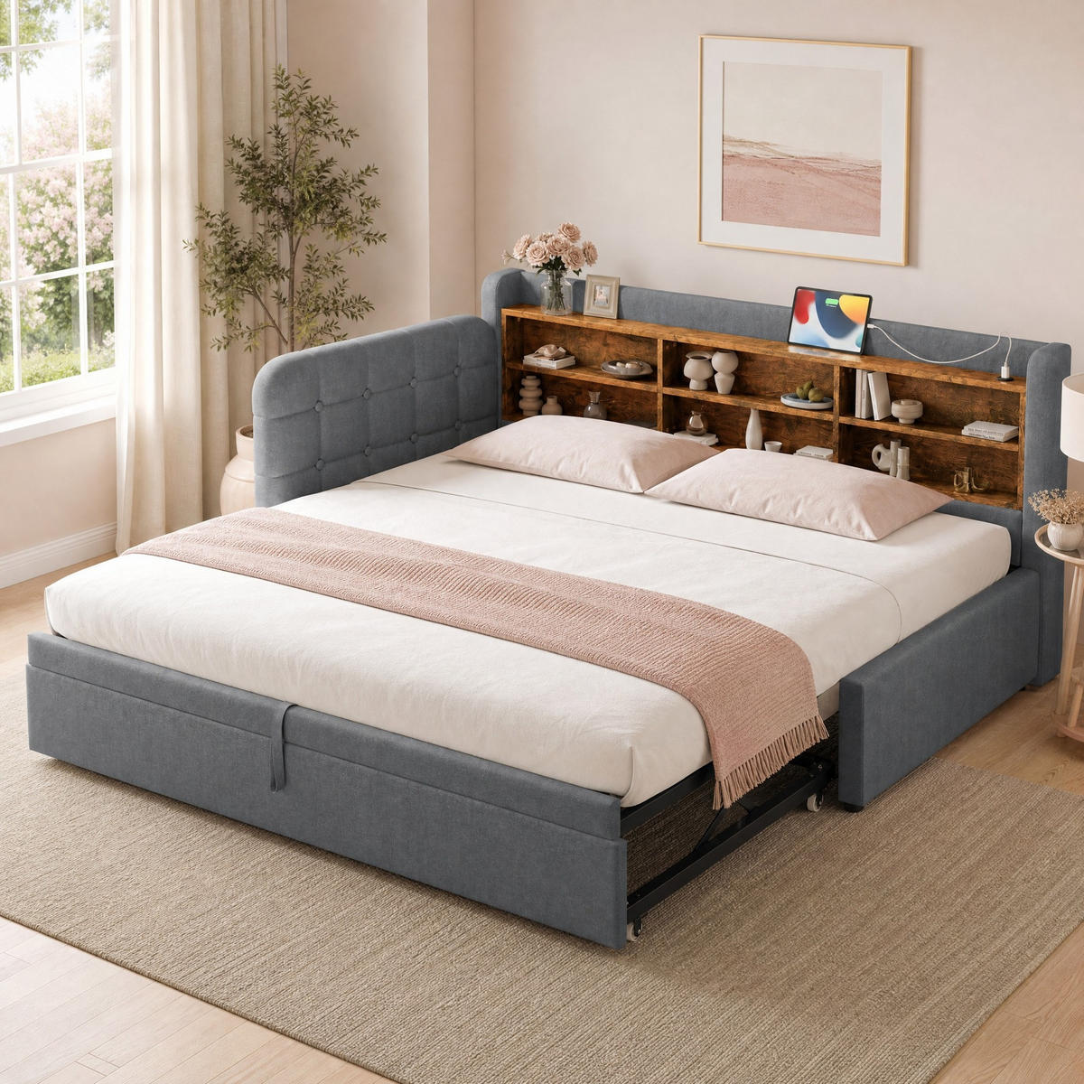POLSTERBETT 90/200 mit Ausziehbett, USB-C und Ablageflächen in Grau - Grau, Holzwerkstoff/Textil (90/200cm) - EVRYAE