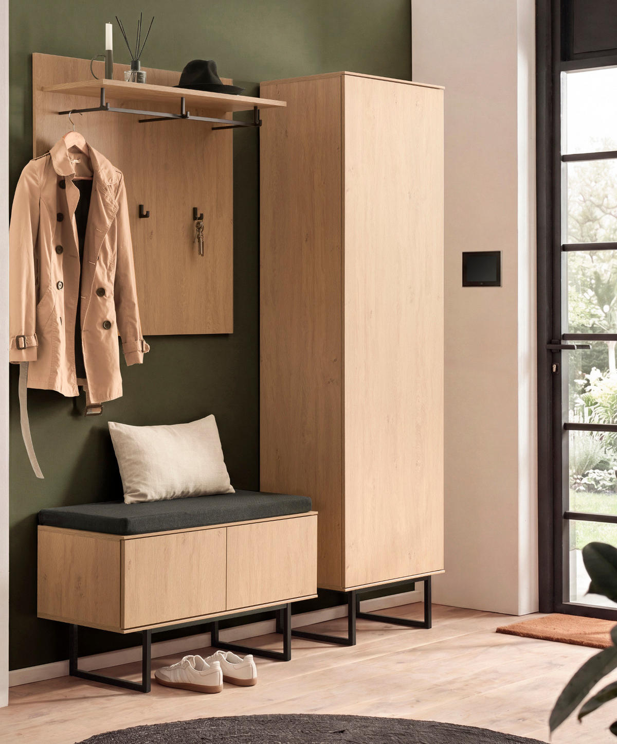 GARDEROBE-SET Stone Eiche 4-teilig 158 cm, Set mit viel Stauraum - Eichefarben/Schwarz, Holzwerkstoff/Metall (158/200/40cm) - Furn.Design