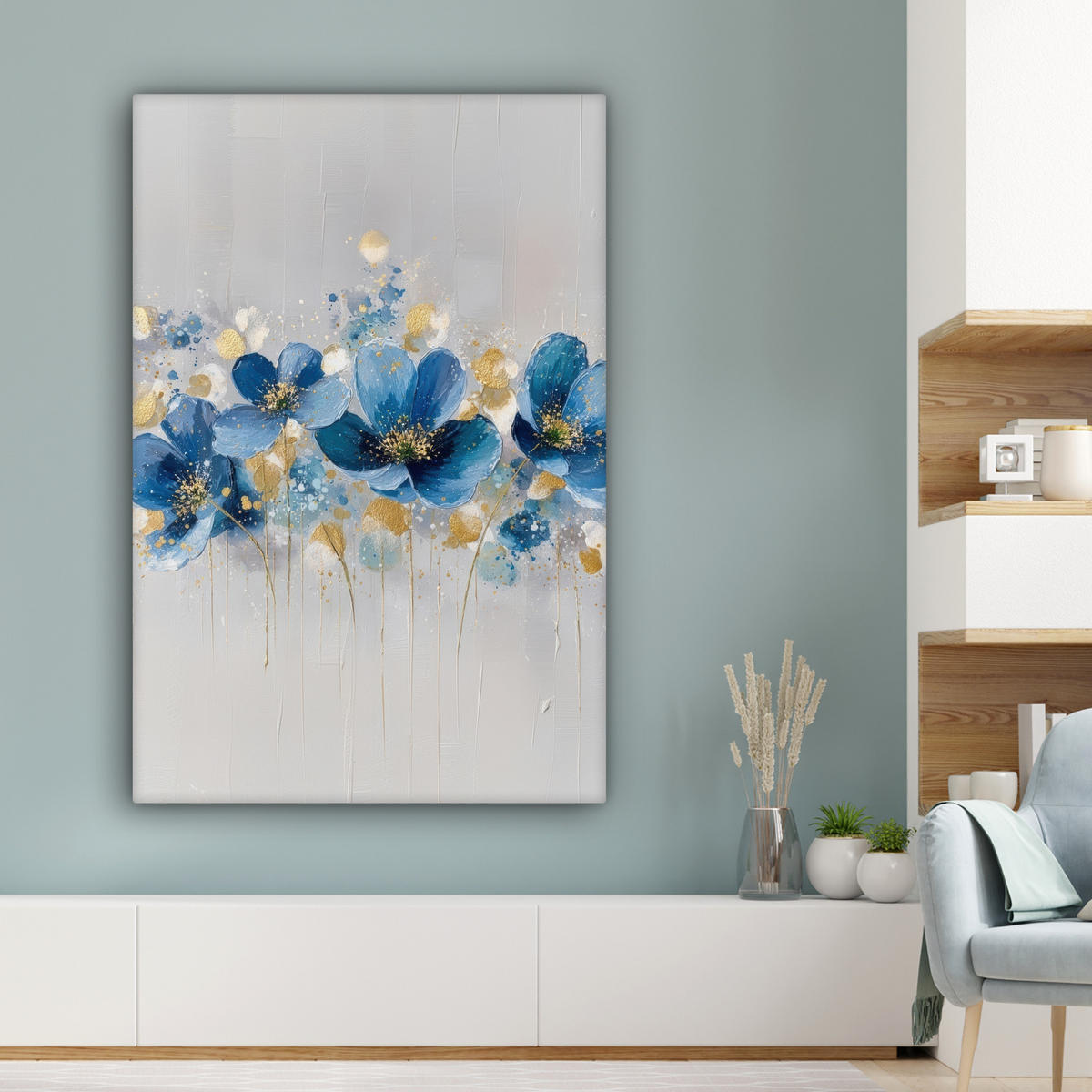 LEINWANDBILD Blumen - Blau - Abstrakt Deko XXL 80x120 cm - Hellgrau, Textil (80/120cm) - MuchoWow