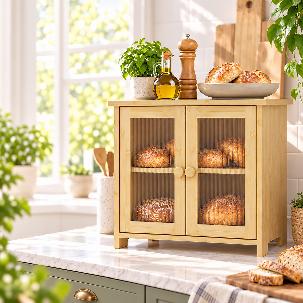 BROTKASTEN Natur Bambus 2 Etagen Sichtfenster 34x36x22 cm - Hellbraun, Holz/Kunststoff (36/34/22cm) - Relaxdays