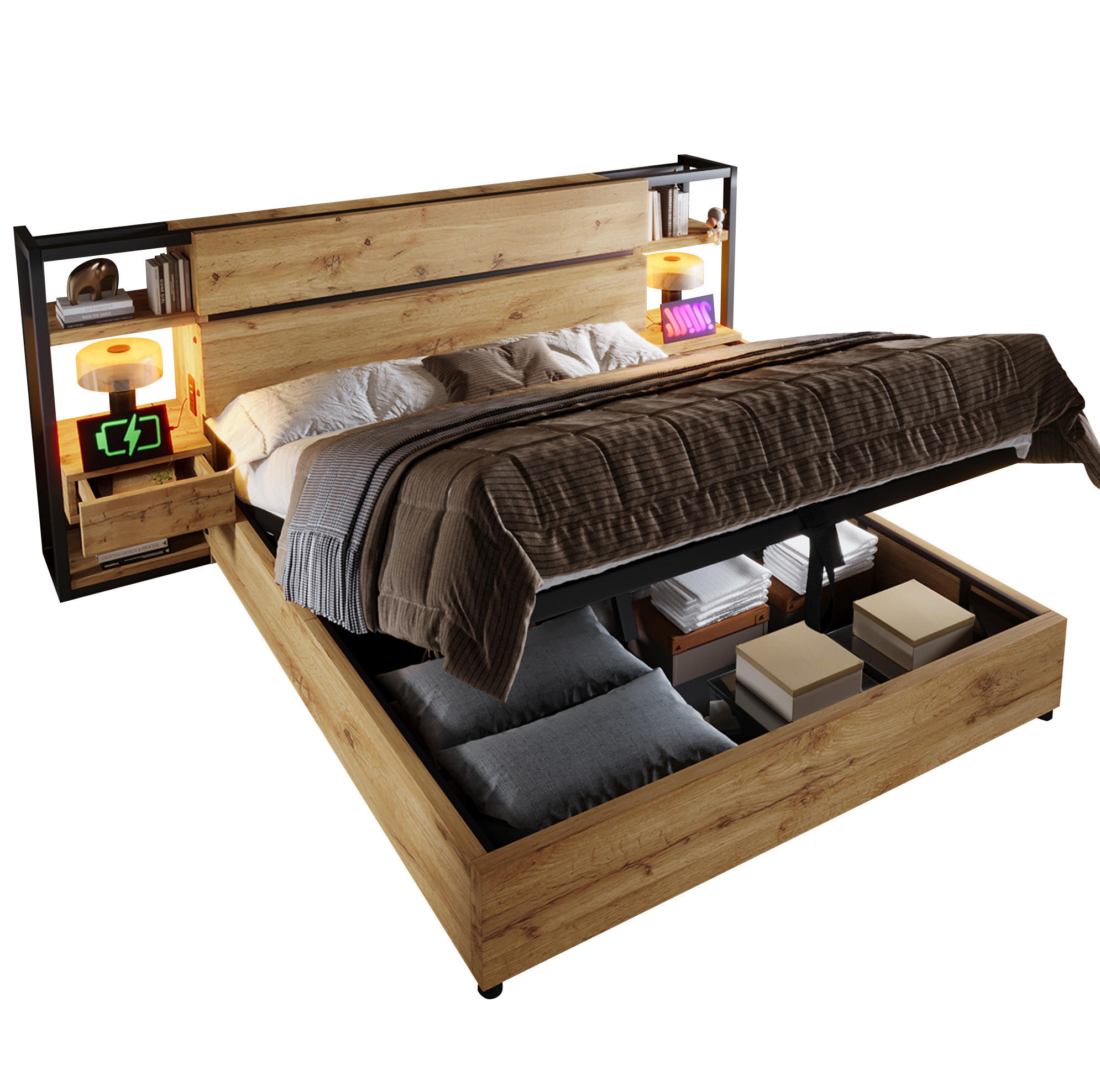 POLSTERBETT 180/200 cm in Eiche mit Stauraum und USB- und Type-C-Anschlüssen - Eichefarben, Holzwerkstoff (180/200cm) - Flora Grace