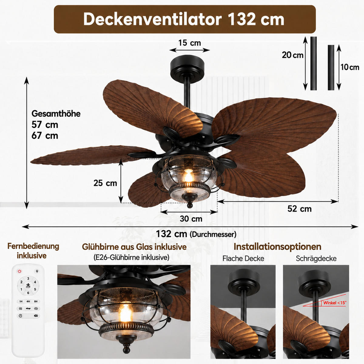 DECKENVENTILATOR Braun 132 cm mit Flügeln in Palmblatt-Optik und LED - Braun, Metall (132/132/57cm) - Surtime