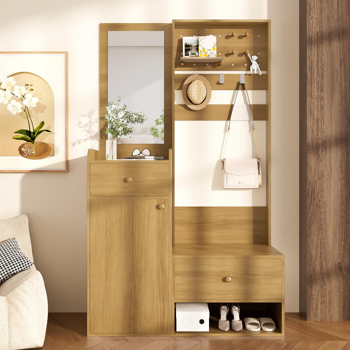 DIELENGARDEROBE mit Spiegel und Stauraum 105/38/180 cm in Holzfarben - Naturfarben, Holzwerkstoff (38/180/105cm) - BEAOK