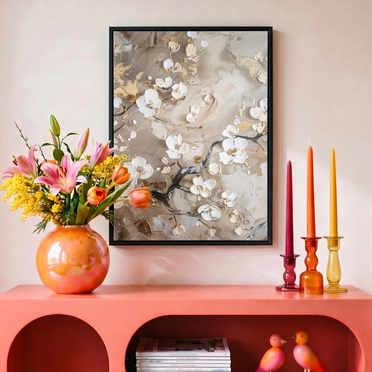 LEINWAND Bilder mit Rahmen - Blumen - Weiß - Gold - Beige - Luxus - 30x40 - Greige, Textil (30/40cm) - MuchoWow