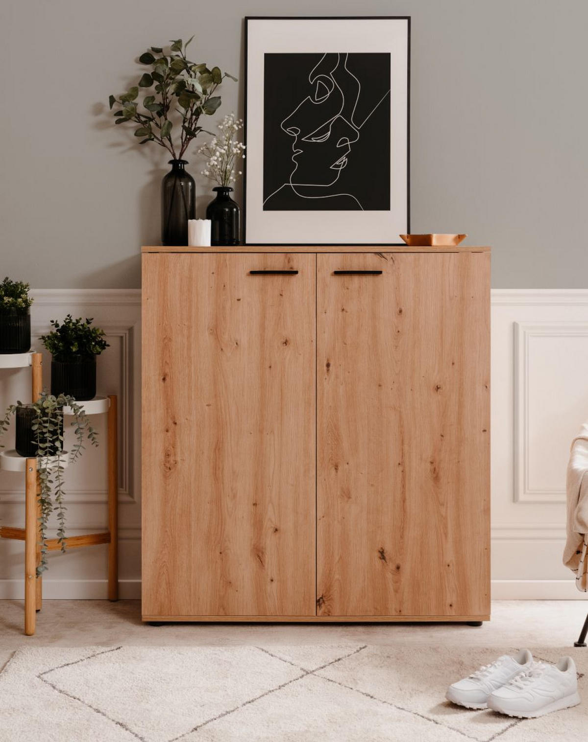 SCHUHSCHRANK Eiche Artisan 100 cm, Schuhkommode aufklappbar mit 12 Fächern - Schwarz/Eiche Artisan, Holzwerkstoff/Kunststoff (100/110/34cm) - Furn.Design