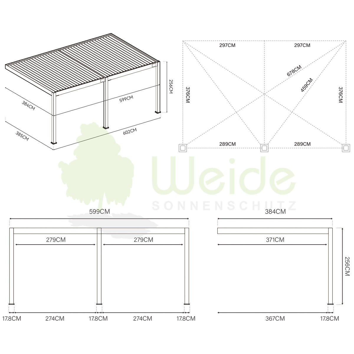 WANDPERGOLA Deluxe Plus Elektrisch Terrassenüberdachung Alu LED 4 x 6 m - Anthrazit, Metall (400/255/600cm) - WEIDE