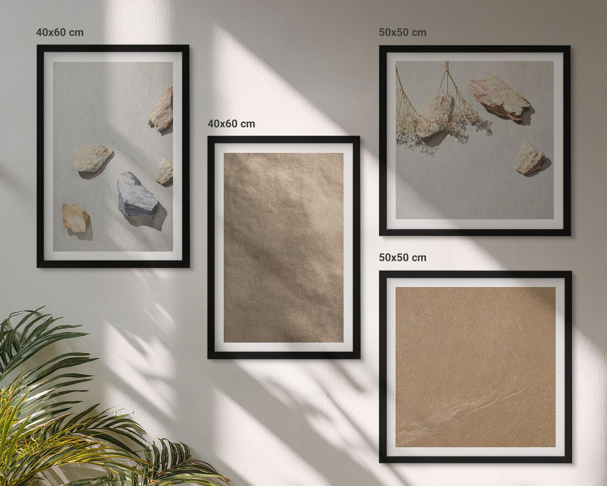 BILDER SET 4er Set - 50x50 cm & 40x60 cm Schwarzer Rahmen - Strandsteine natürliche Strukturen - Schwarz, Kunststoff (50/50cm) - TULUP