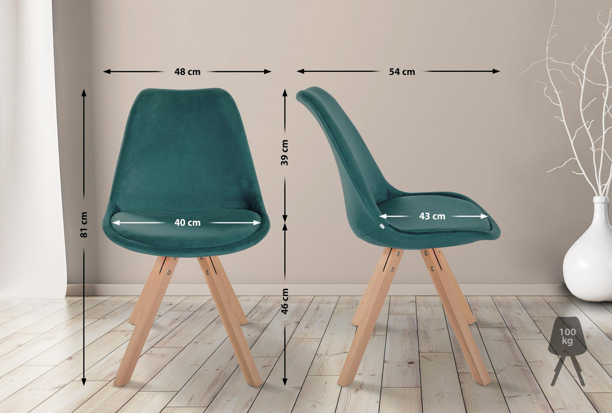 STUHL Samt grün - Naturfarben/Grün, Holz/Textil (48/81/54cm) - CLP