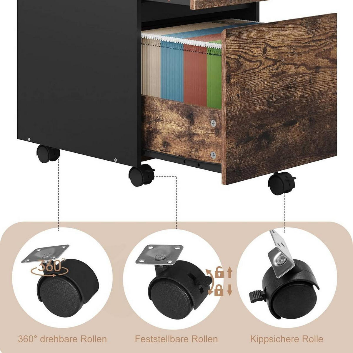 ROLLCONTAINER, Aktenschrank, 40x57x40cm, Vintage-Holzoptik - Dunkelbraun, Holzwerkstoff (40/57/40cm) - Woltu