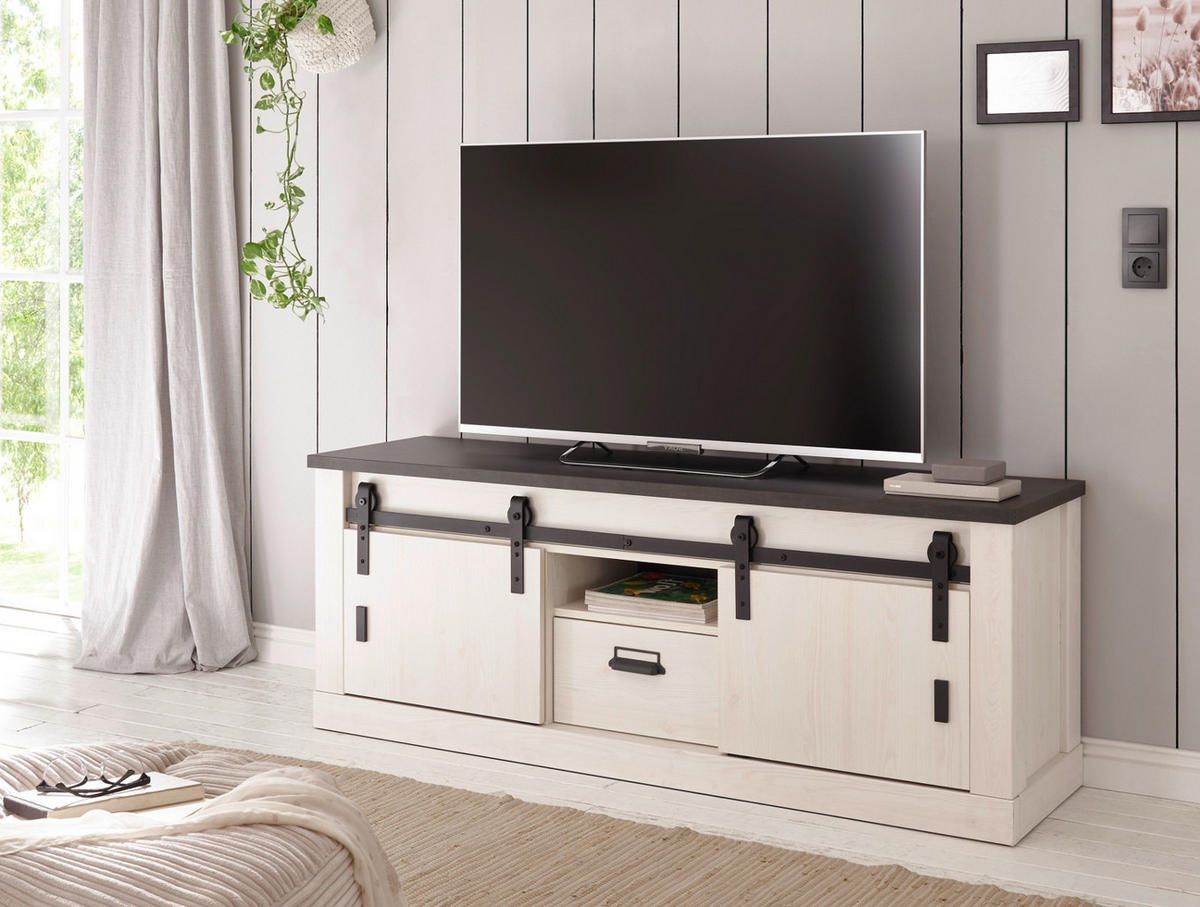TV-LOWBOARD weiß Pinie, anthrazit, Landhaus, TV Unterteil Komforthöhe 162 x 61 cm - Anthrazit/Weiß, Holzwerkstoff/Metall (162/61/43cm) - Furn.Design
