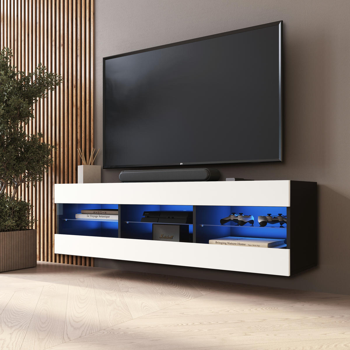 LOWBOARD TIVOLI RTV 140, Weiss, LED Blau - Schwarz/Weiß, Glas/Holzwerkstoff (140/40.5/35.5cm) - Komodee