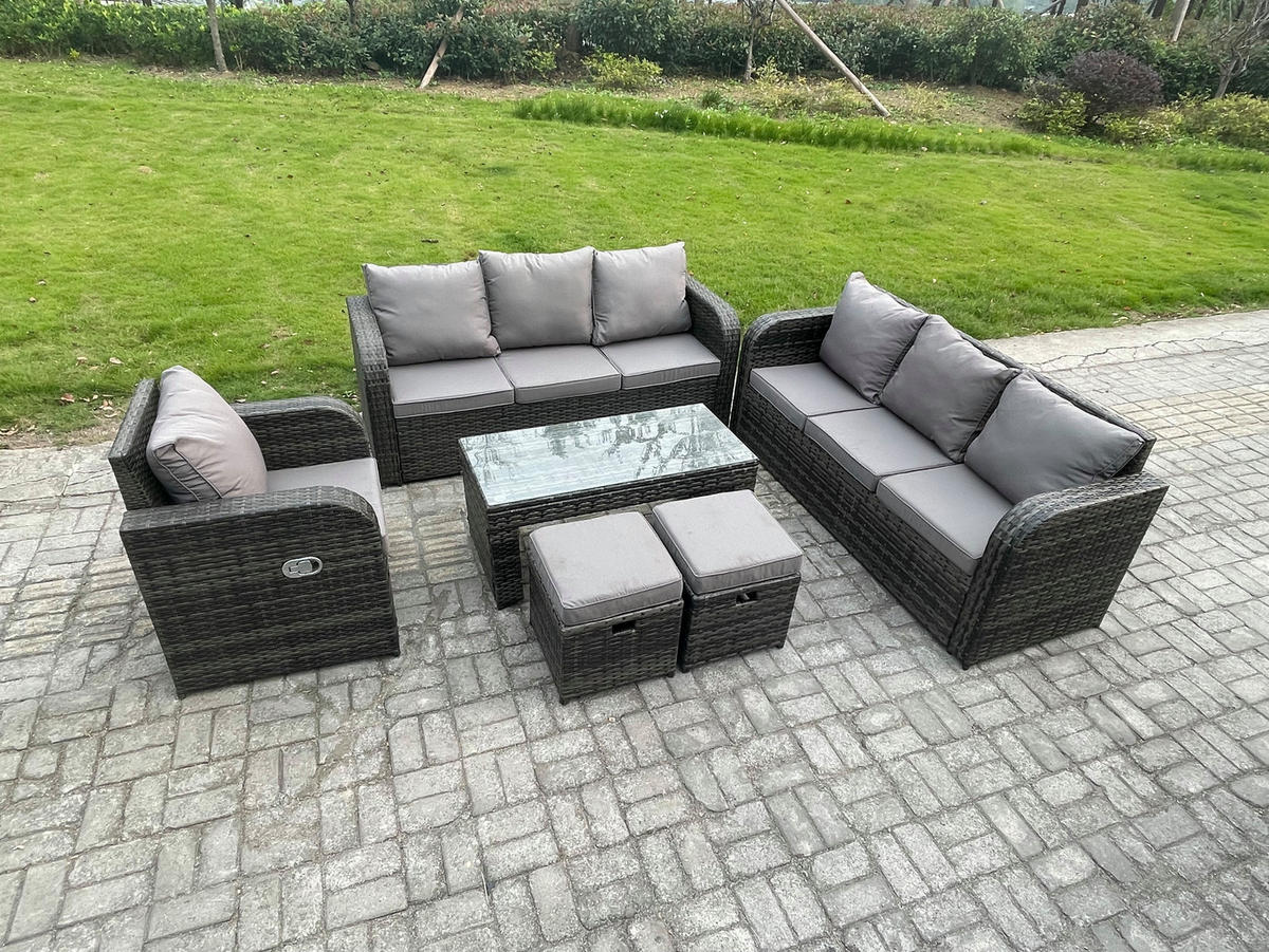 GARTENMÖBEL SET mit Sofa Polyrattan 9-Sitzer Dunkelgrau - Dunkelgrau/Grau, Glas/Kunststoff - Fimous