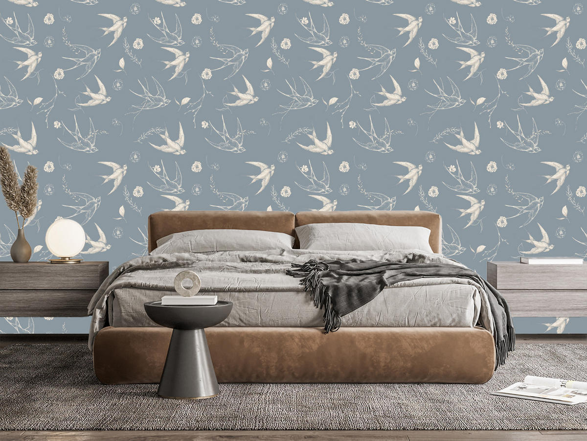 VLIESTAPETE Schwalben und Blüten – Blaugrau, Weiß – 50x1000 cm - Blaugrau/Weiß, Papier (50/1000cm) - Muralo