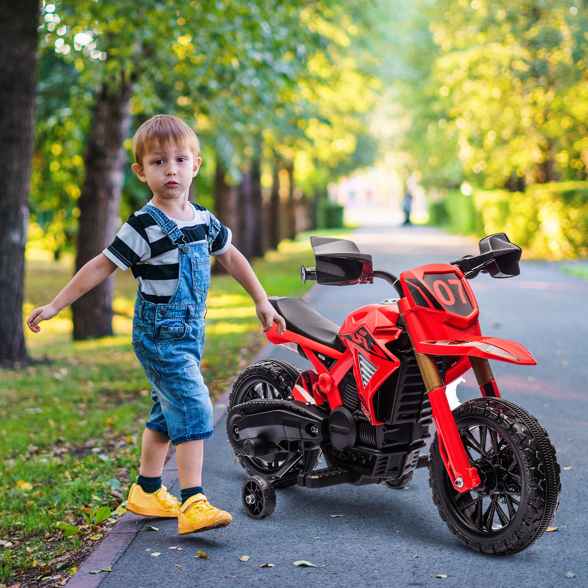 ELEKTRO-MOTORRAD für Kinder, 6V Batterie-Antrieb, Stützräder, Hupe, Startgeräusch, 3-8 Jahre, Rot - Rot, Kunststoff/Metall (105/57/62cm) - AIYAPLAY