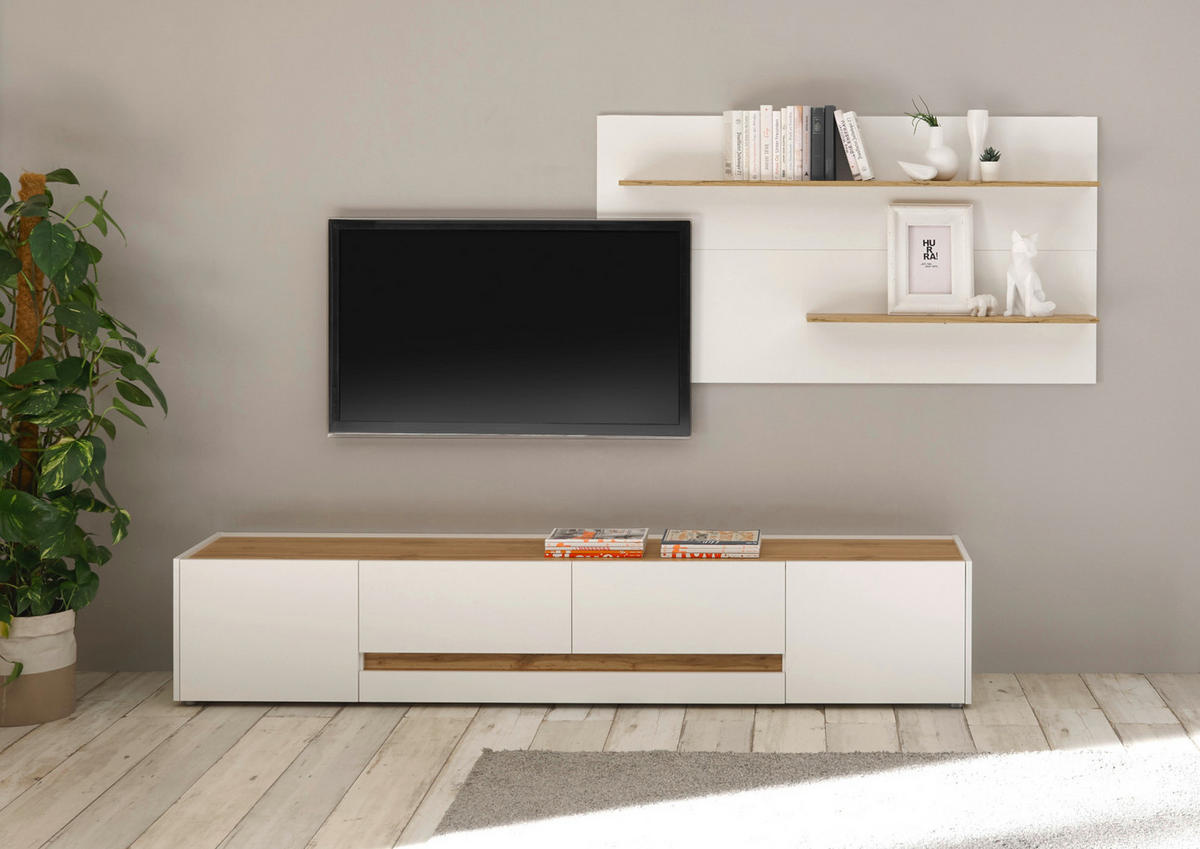 WOHNWAND 2-teilig weiß, Eiche Wotan 300 cm, Schrankwand mit XL-Lowboard - Eiche Wotan/Schwarz, Glas/Holz (300/180/45cm) - Furn.Design
