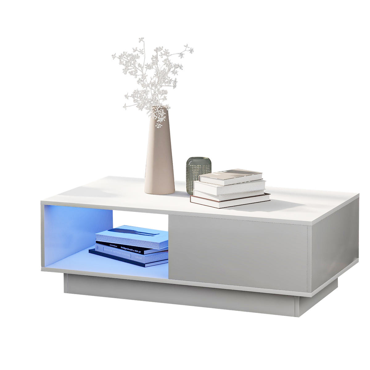 COUCHTISCH 95x55cm Modern Hochglanzweiß LED 15-Farben rechteckig - Weiß, Holz (106.5/67.5/15cm) - FLIEKS