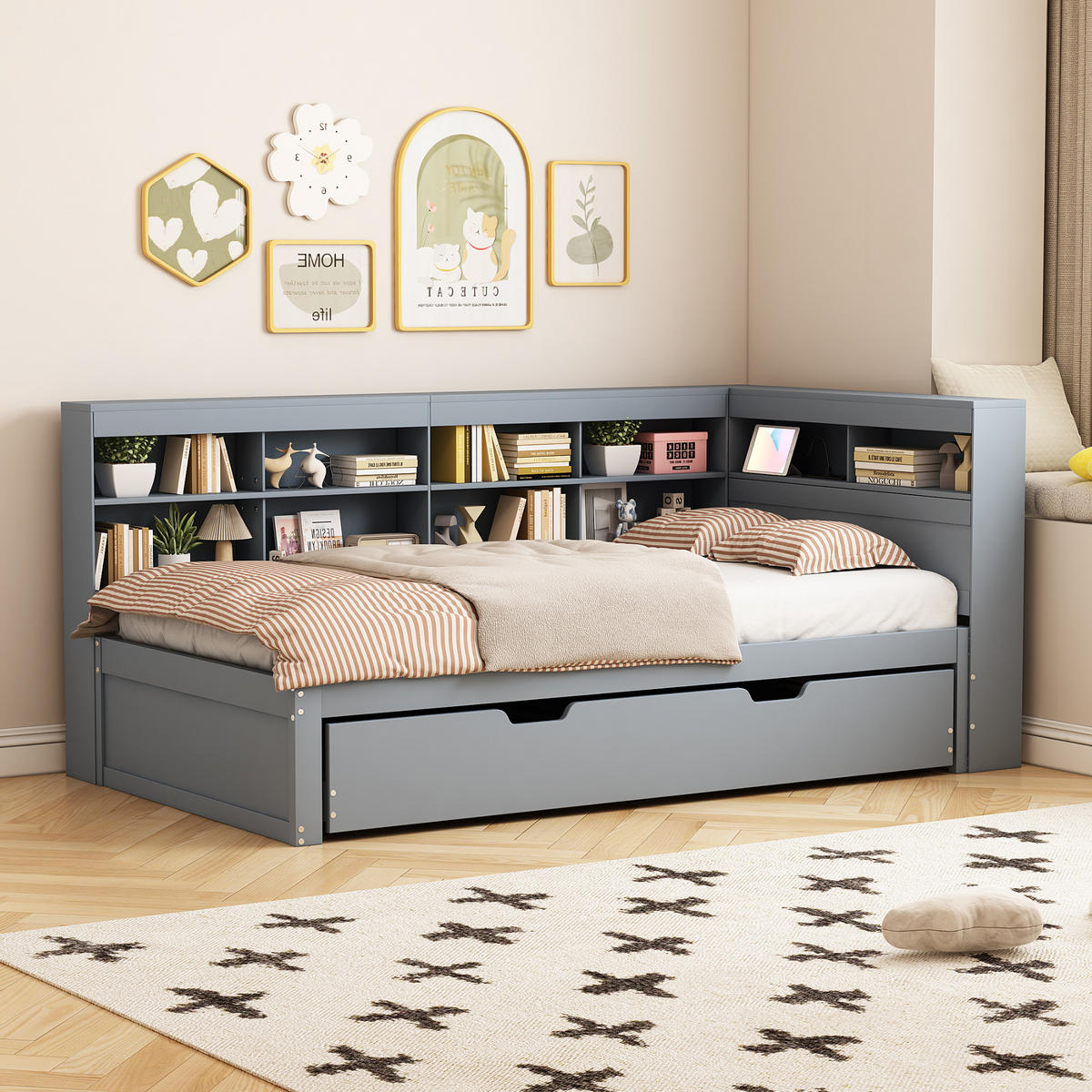 ČALOUNĚNÁ POSTEL 90x200cm Masiv Dřevo Rozkládací USB Šedá - šedá, dřevo (90/200cm) - FLIEKS
