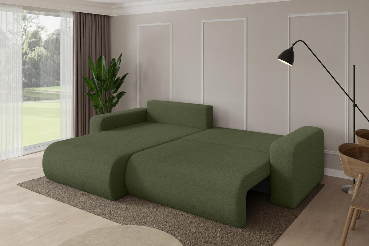 ROHOVÁ SEDAČKA s funkcí spaní, otoman vlevo BERY-L 276x193x88 zelená bouclé - černá/zelená barva, kompozitní dřevo/textil (276/193cm) - ALTDECOR