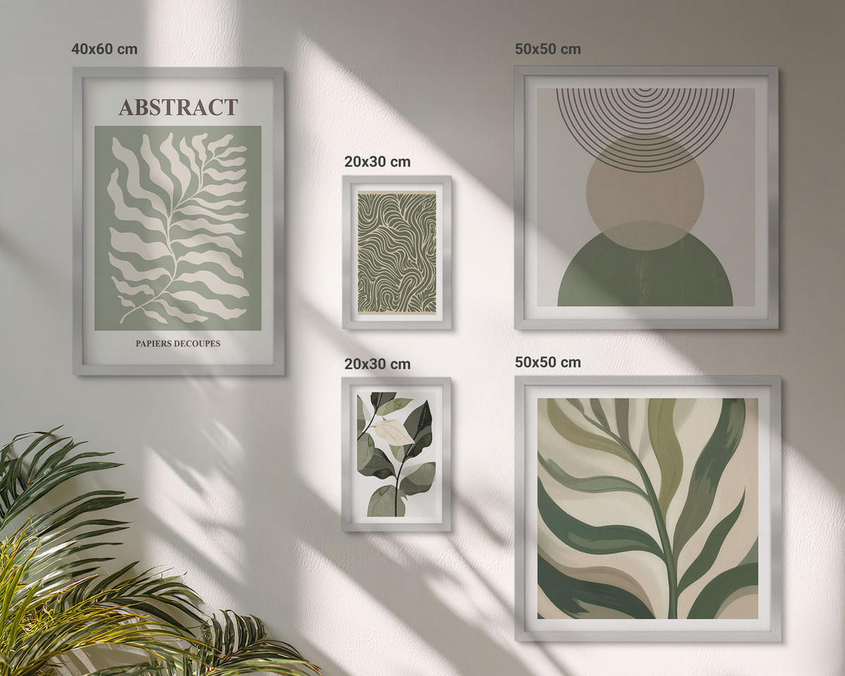 BILDER SET 5er Set - 50x50 cm & 20x30 cm & 40x60 cm Silberner Rahmen - Blätter geometrische Formen abstrakt - Silberfarben, Kunststoff (40/60cm) - TULUP