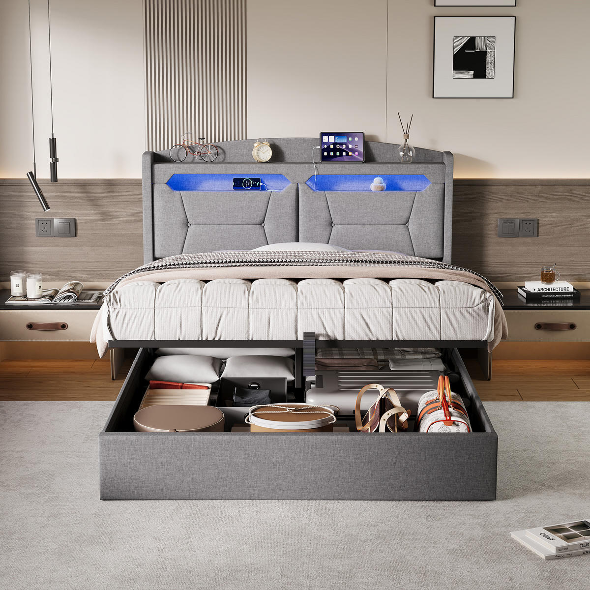 POLSTERBETT 140x190 cm Grau mit Stauraum, hydraulischem Bettkasten, LED Beleuchtung, Kopfteil mit Ablage und Steckdosen - Grau, Metall (140/190cm) - EuroLiving