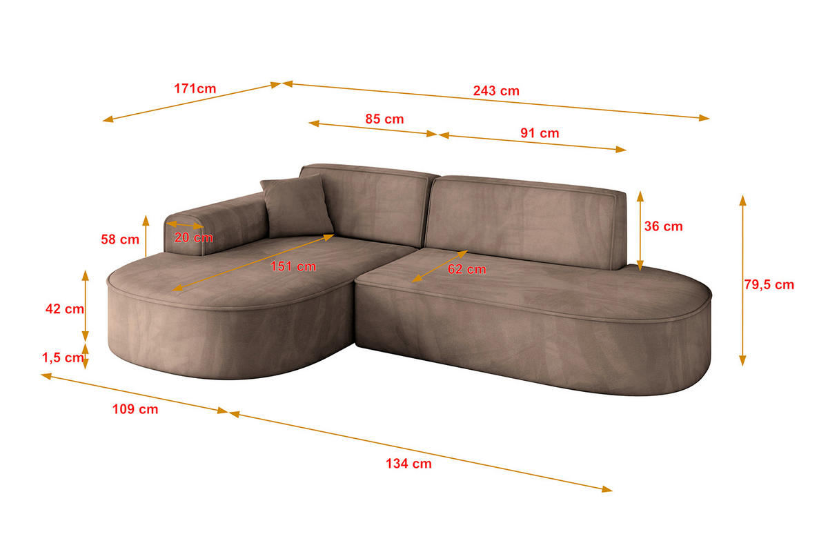 ECKSOFA Ottomane Links MARI-L1 - 243x171x79 cm Braun Velours - Schwarz/Braun, Holzwerkstoff/Kunststoff (243/171cm) - ALTDECOR