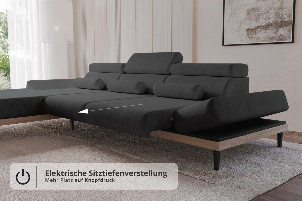 ELEKTRISCHES ECKSOFA Links MONA 316x205x85 Schwarz Velours - Schwarz/Graphitfarben, Holzwerkstoff/Textil (316/205cm) - ALTDECOR