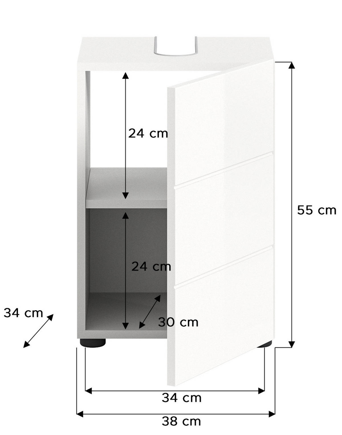 WASCHBECKENUNTERSCHRANK weiß Hochglanz 38 cm, Badezimmer Unterschrank 1-türig - Weiß Hochglanz/Schwarz, Holzwerkstoff/Kunststoff (38/56/34cm) - Inn.Furn