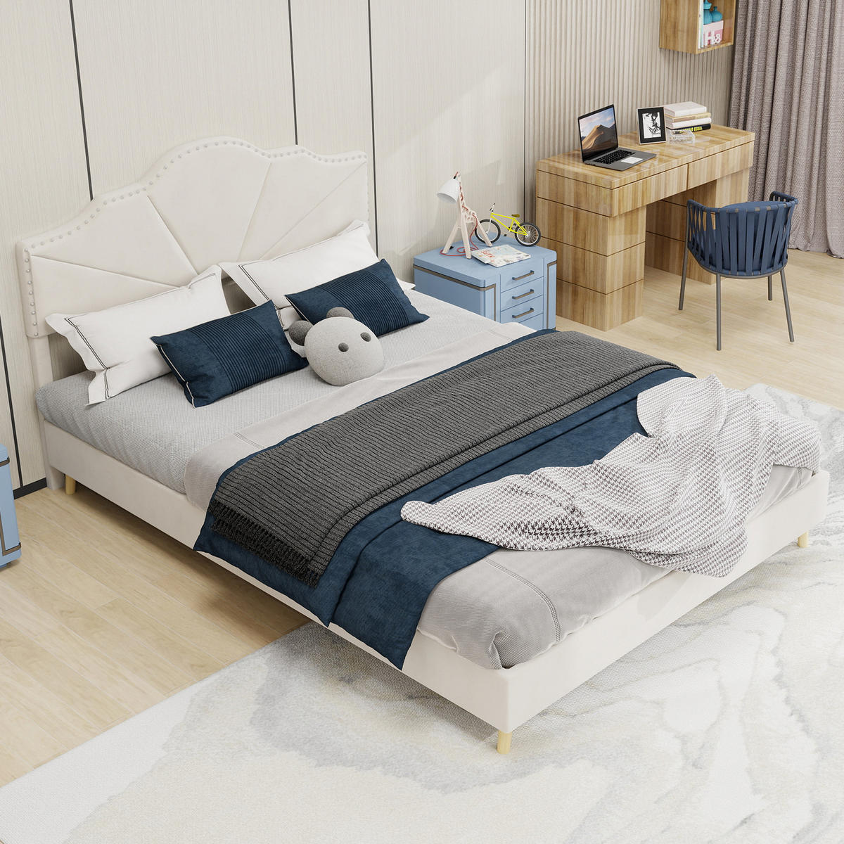 POLSTERBETT 140/200 cm in Beige Stoff mit Gepolstertem Kopfteil - Beige, Holzwerkstoff/Textil (140/200cm) - WISHDOR