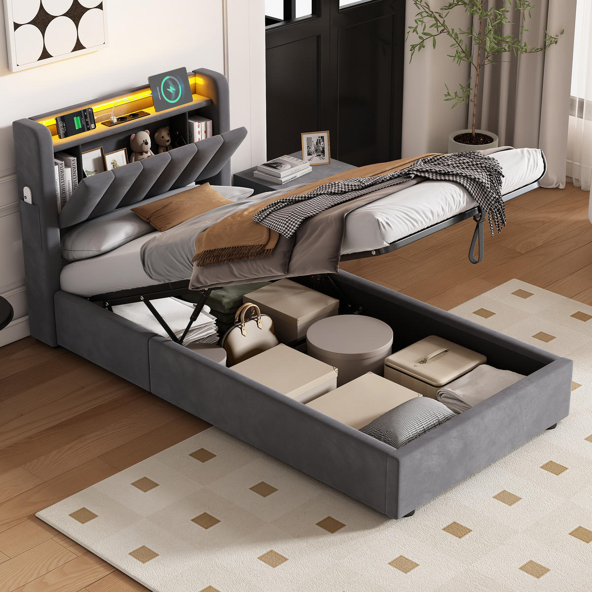 POLSTERBETT 90/190 cm Grau mit LED-Lichtleiste und USB-Anschlüssen - Grau, Holzwerkstoff (90/190cm) - OKWISH