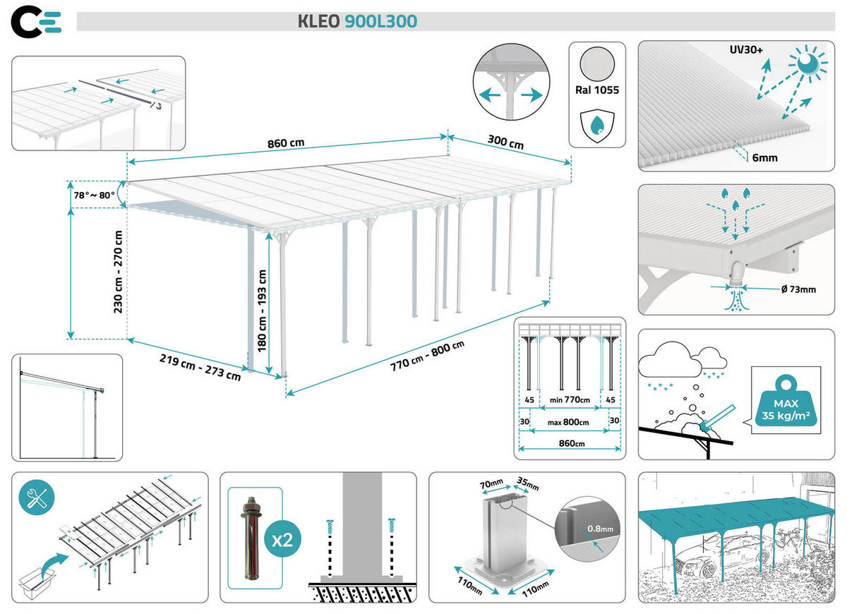 PERGOLA / CARPORT Kleo Weiß 9m x 3m - Weiß, Metall (870/270/300cm) - Cazeboo