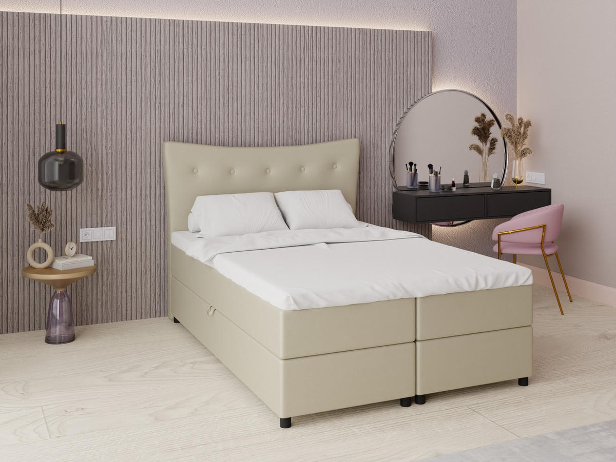 BOXBETT Nevada 140 x 200 cm Doppelbett mit hochwertiger Bonell-Matratze und Topper - ecru - Ecru, Holz (140/200cm) - Panda Möbel