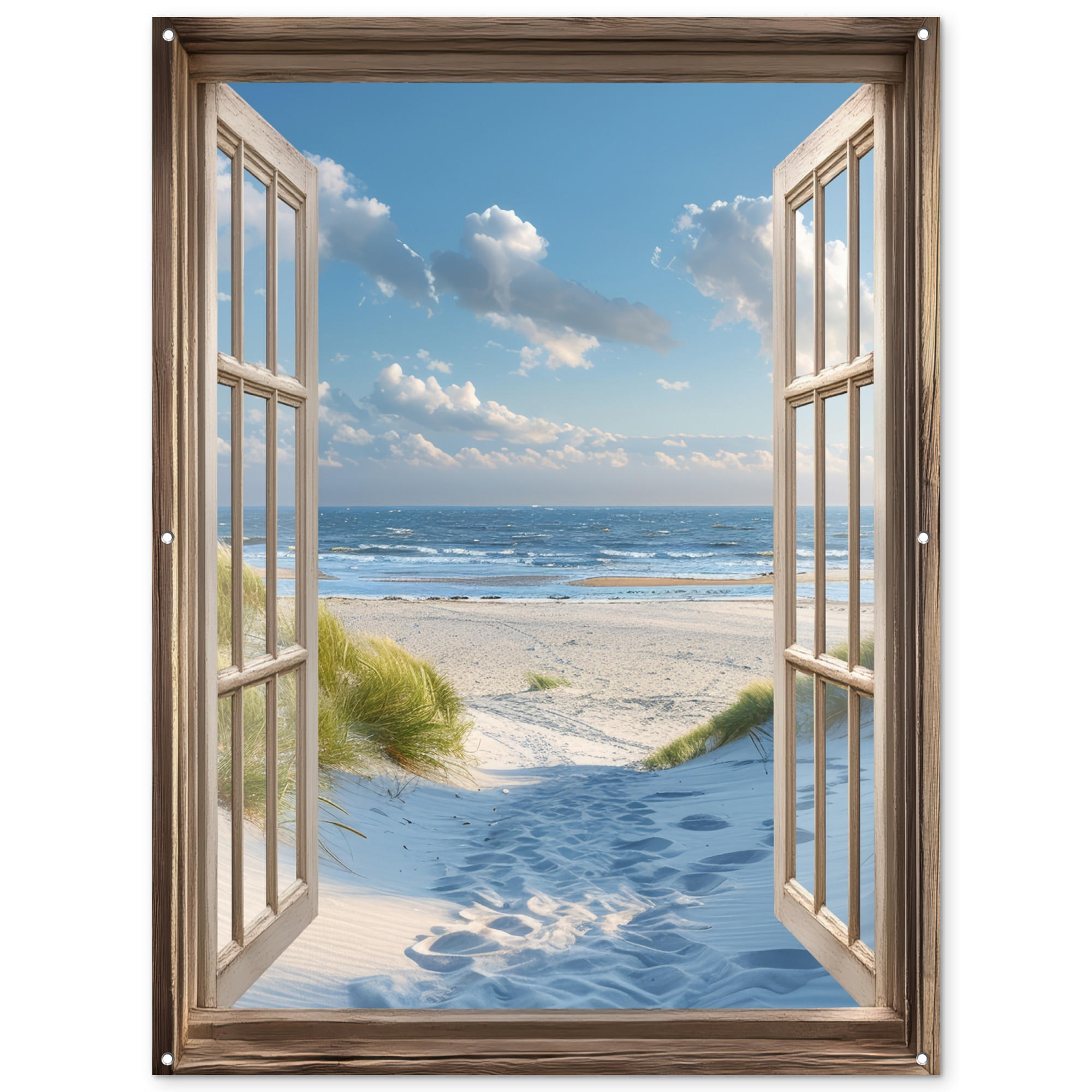 GARTENPOSTER Aussicht - Strand - Fenster - Dünen - Meer 120x160 cm - Hellblau, Kunststoff (120/160/0.2cm) - OnlyWow