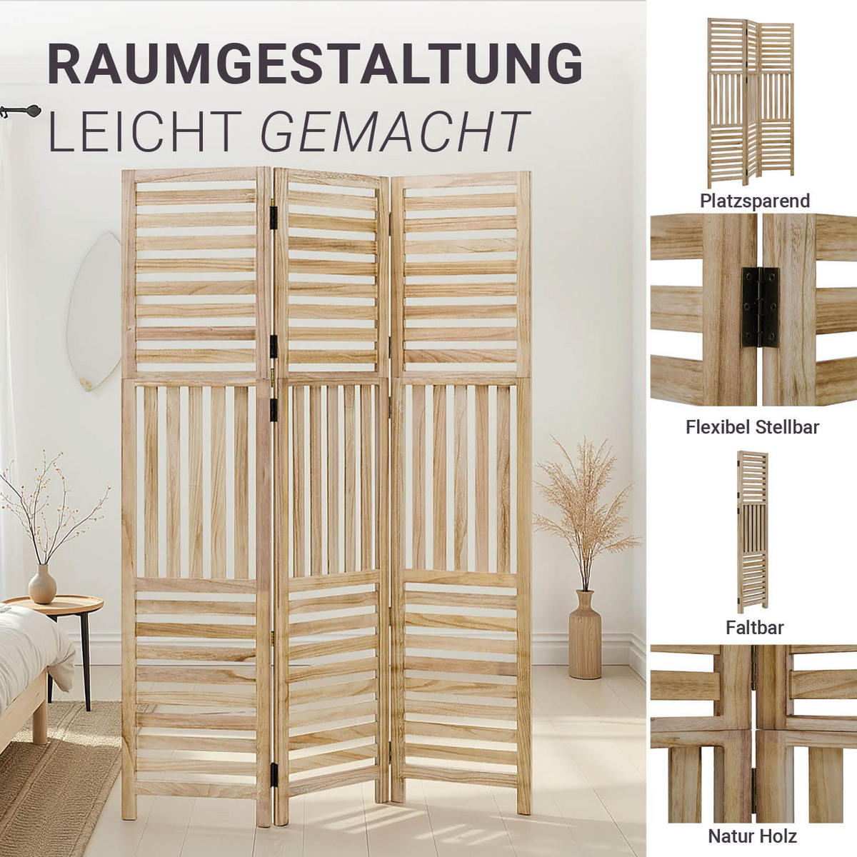 PARAVENT 120/170 cm Natur Holz - Beige, Holz (120/170/2cm) - Homestyle4u