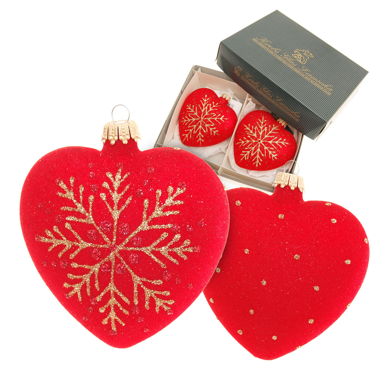 CHRISTBAUMSCHMUCK Herzen mit Schneeflocke Rot 9cm (Glas / 2 Stk.) - Rot, Glas (9/9/3cm) - Krebs Glas Lauscha
