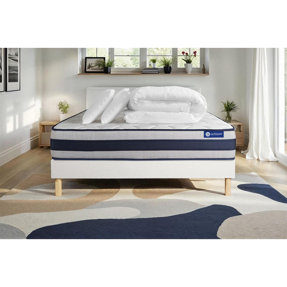 BETT Actiflex ergo Taschenfederkern und Memory-Schaum 160 x 200 cm h4 - Kit Bettgestell Weiß - Mit Kissen und Bettdecke - Beige/Weiß, Karton/Holz (160/200cm) - ACTISOM