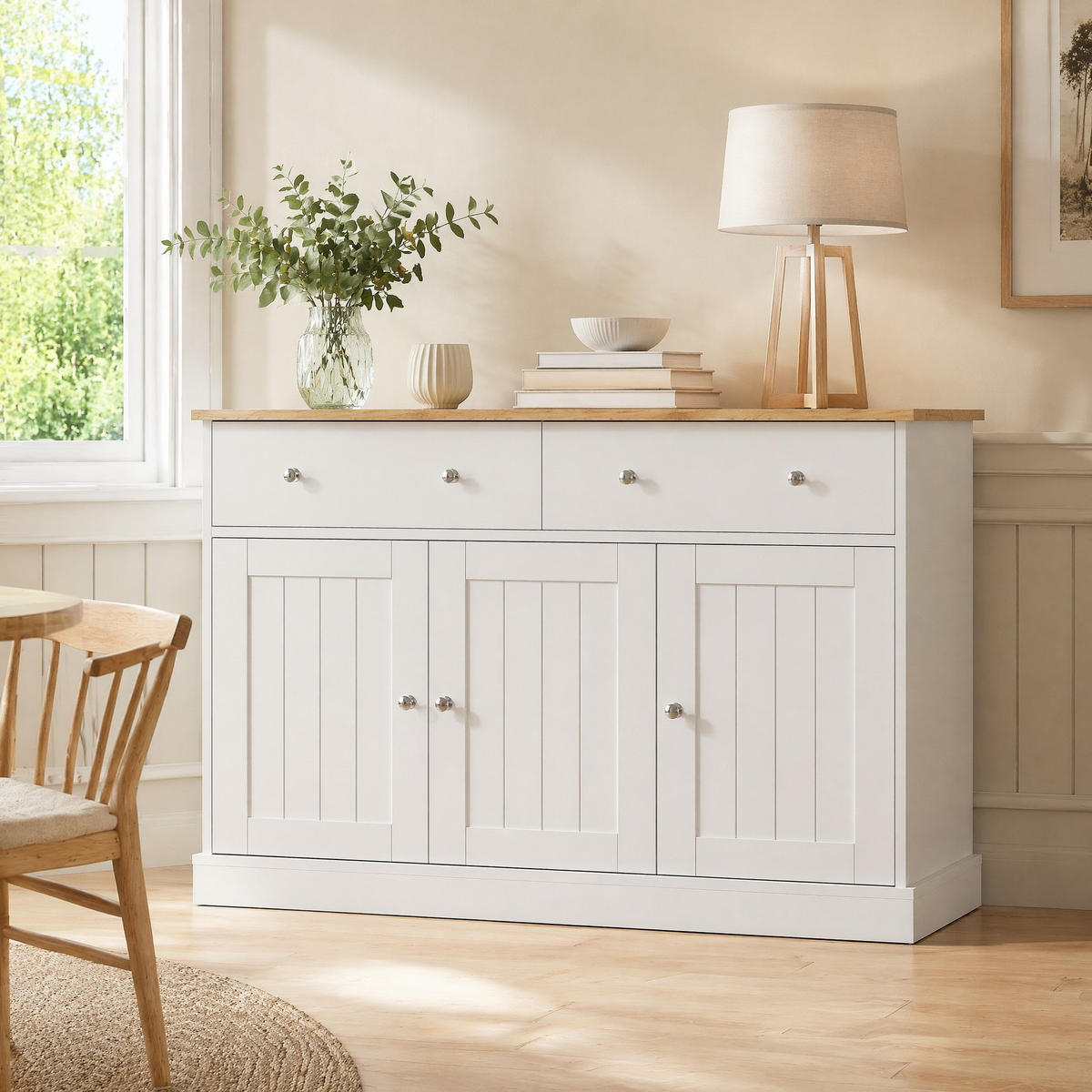 SIDEBOARD in Weiß und Naturfarben Kommode mit gravierter Textur für Wohnzimmer und Esszimmer, B120/T36/H80.5 cm - Weiß, Holzwerkstoff/Metall (120/80.5/36cm) - STILVORA