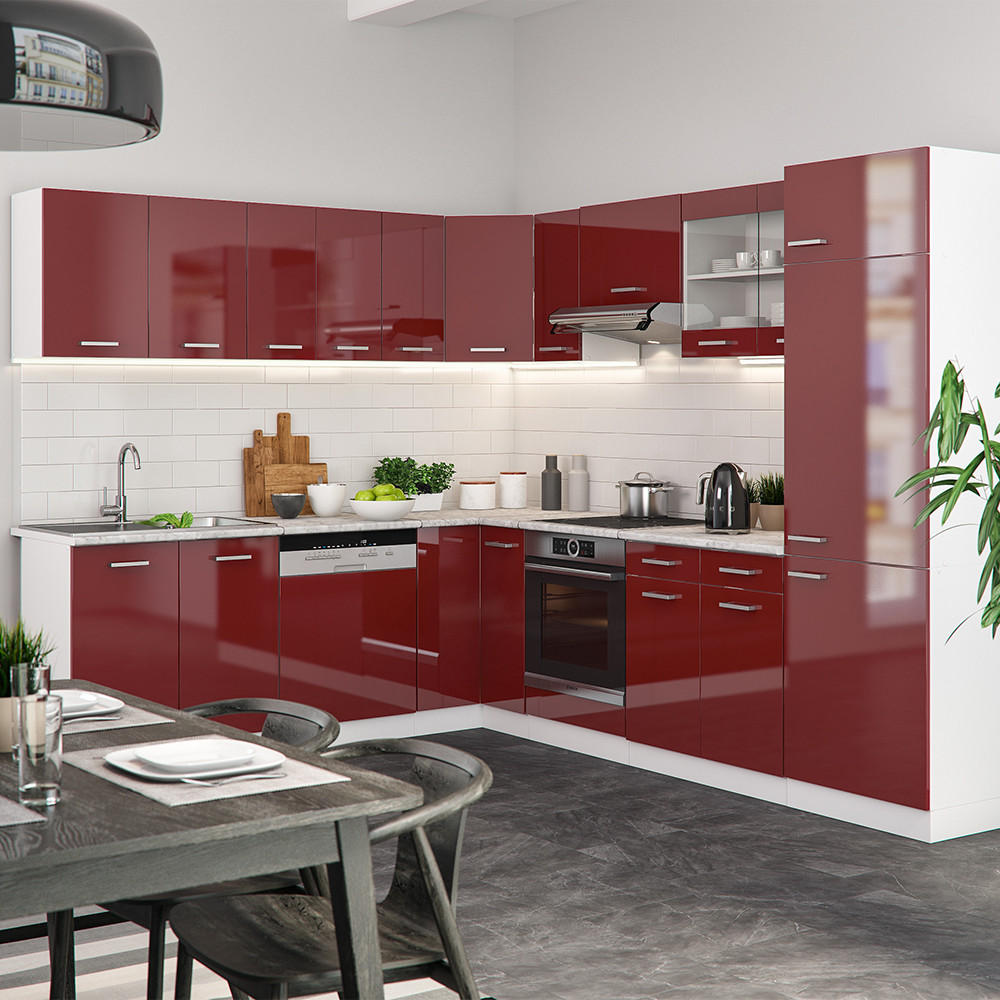 ECKKÜCHE R-Line Rot Hochglanz/Weiß 287 x 46 cm ohne Arbeitsplatte - Rot/Weiß, Holzwerkstoff (287/81.6/46cm) - Vicco