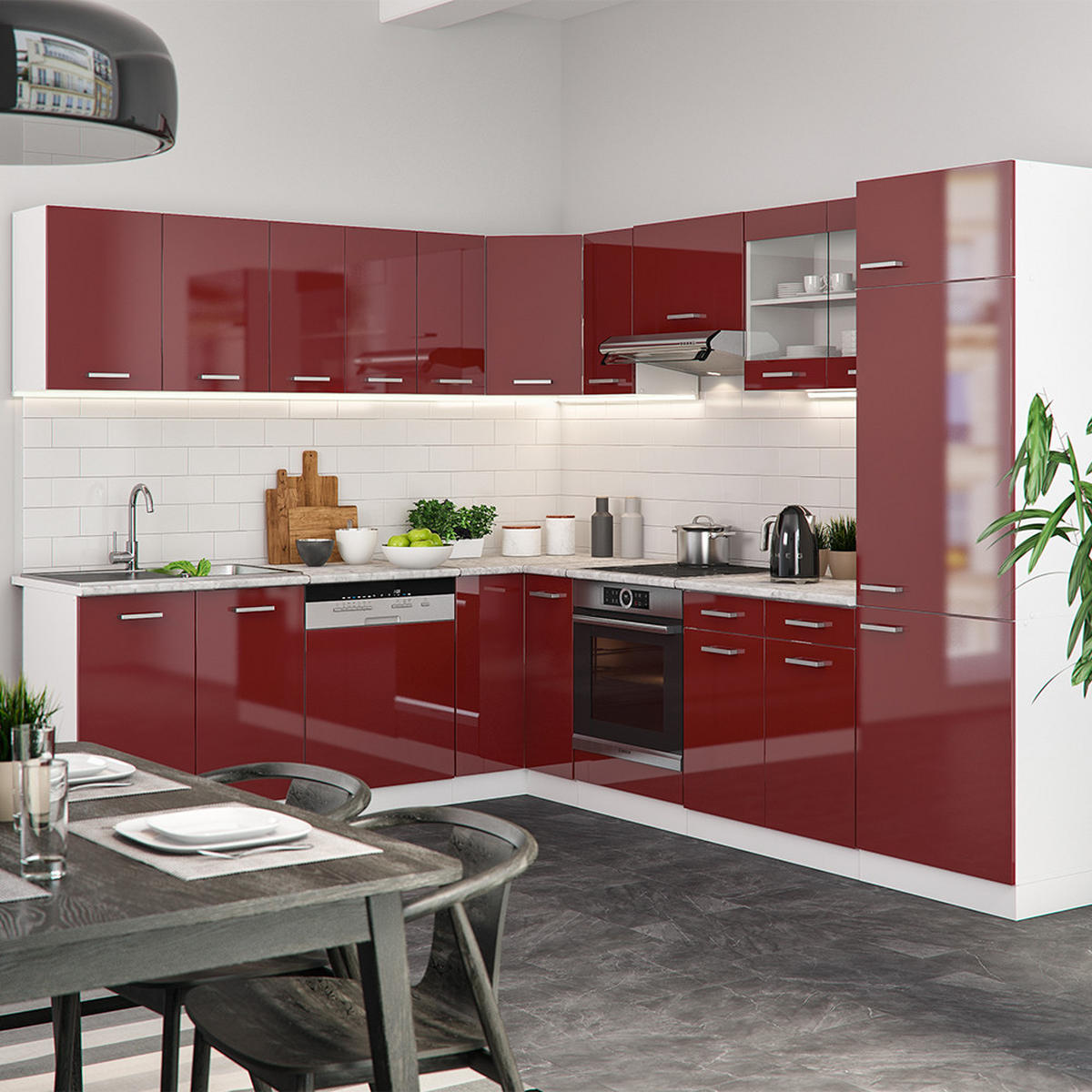 ECKKÜCHE R-Line Rot Hochglanz/Weiß 287 x 46 cm ohne Arbeitsplatte - Rot/Weiß, Holzwerkstoff (287/81.6/46cm) - Vicco