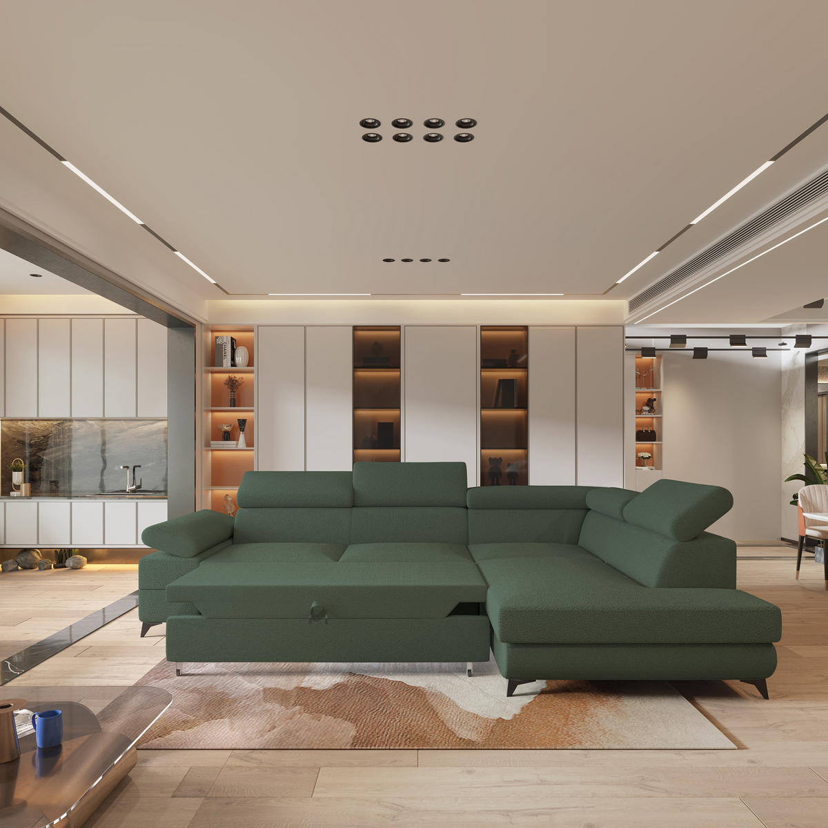 ECKSOFA FAVIEN R-S Grün Boucle-Stoff mit Schlaffunktion - Grün, Holz (257/190cm) - MASSENO