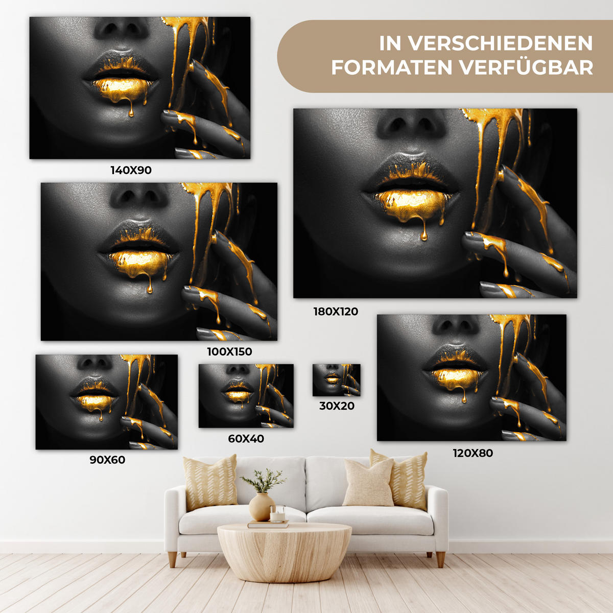 LEINWANDBILD Frau - Schwarz - Gold - Gesicht - Lippen 30x20 cm - Goldfarben, Textil (30/20cm) - MuchoWow