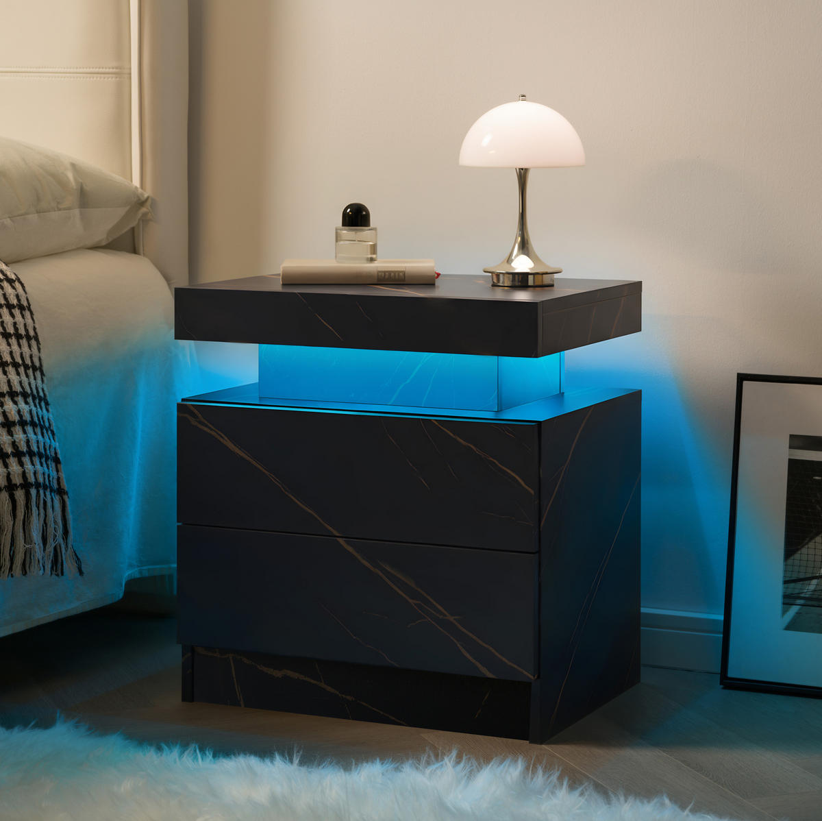 NACHTTISCH 50/53/36 cm mit LED-Beleuchtung in Schwarz/Gold – mit 2 Schubladen & offenem Fach - Schwarz, Holzwerkstoff (53/36/50cm) - BEAOK