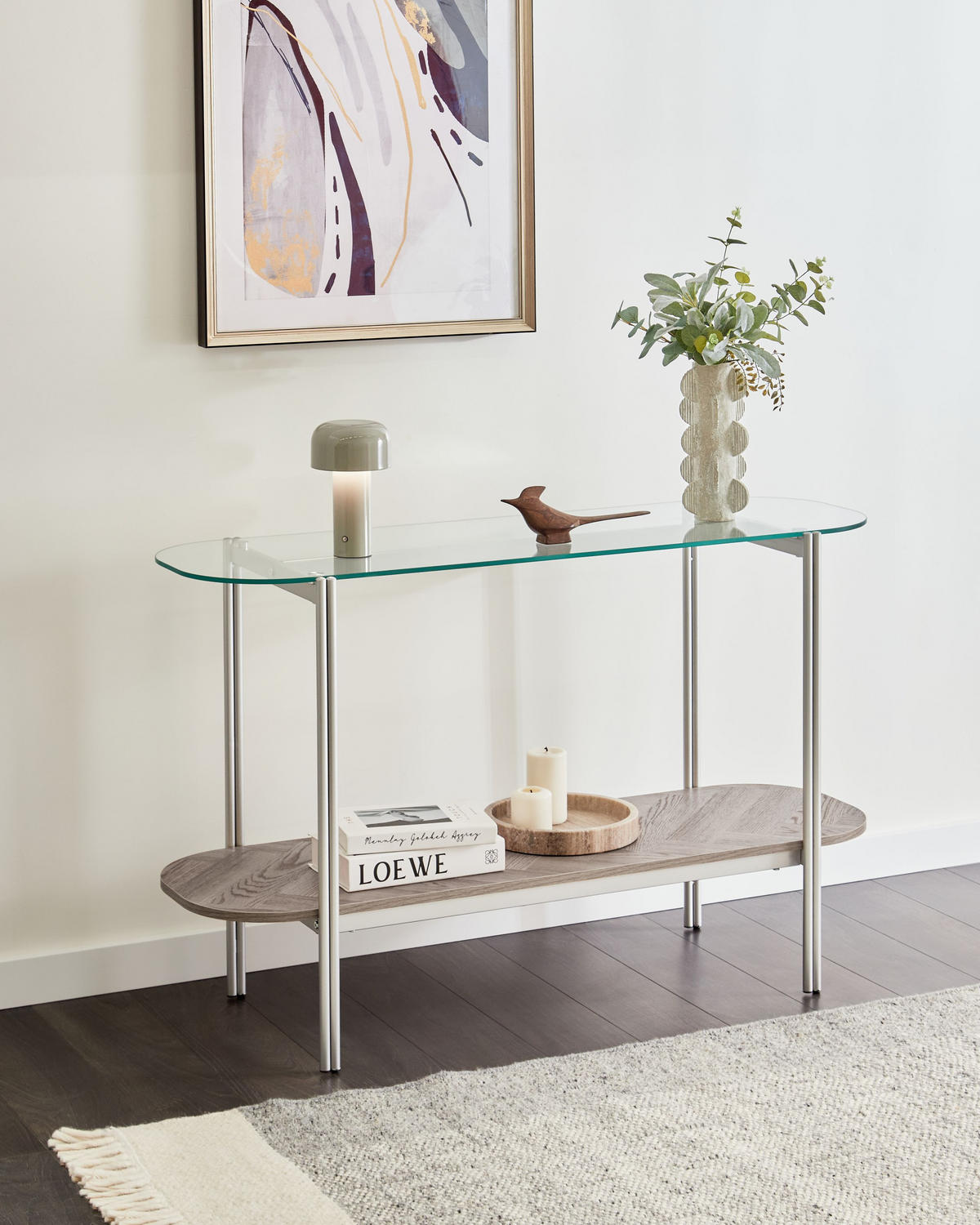 KONSOLENTISCH Silber/Heller Holzfarbton Lovell - Hellbraun/Silberfarben, Metall (41/120/76cm) - Beliani