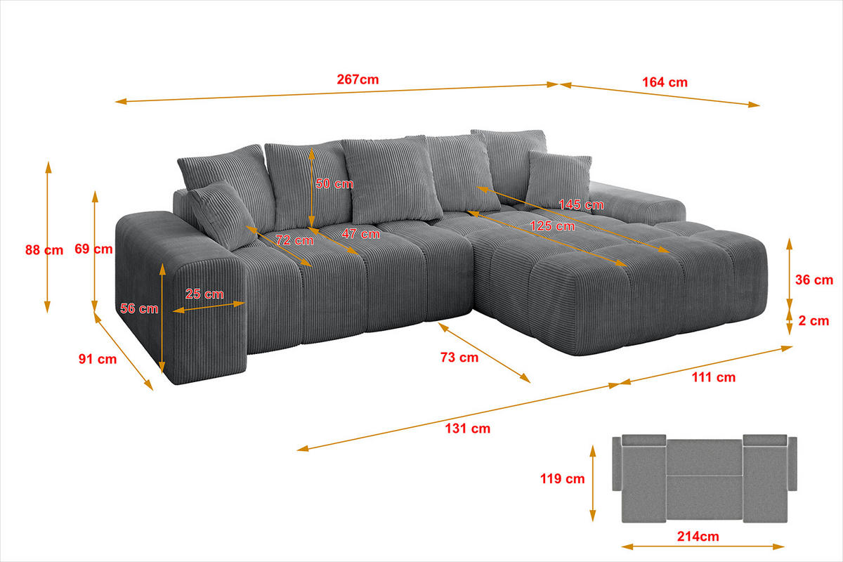ECKSOFA Ottomane Rechts ENSI-L - 267x164x88 cm Dunkelgrau - Dunkelgrau, Holzwerkstoff/Kunststoff (164/267cm) - ALTDECOR