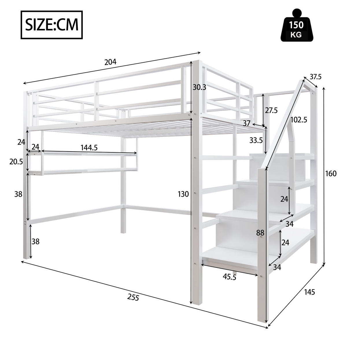 HOCHBETT Weiß 255/145/160 cm - Weiß, Metall - Urban Meuble