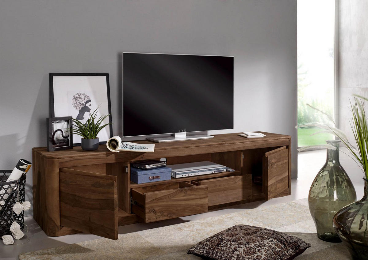 TV-BOARD Sheesham 200x45x50 rot-braun gebeizt TORONTO #151 - Dunkelbraun, Holz (200/50/45cm) - Massivmoebel24