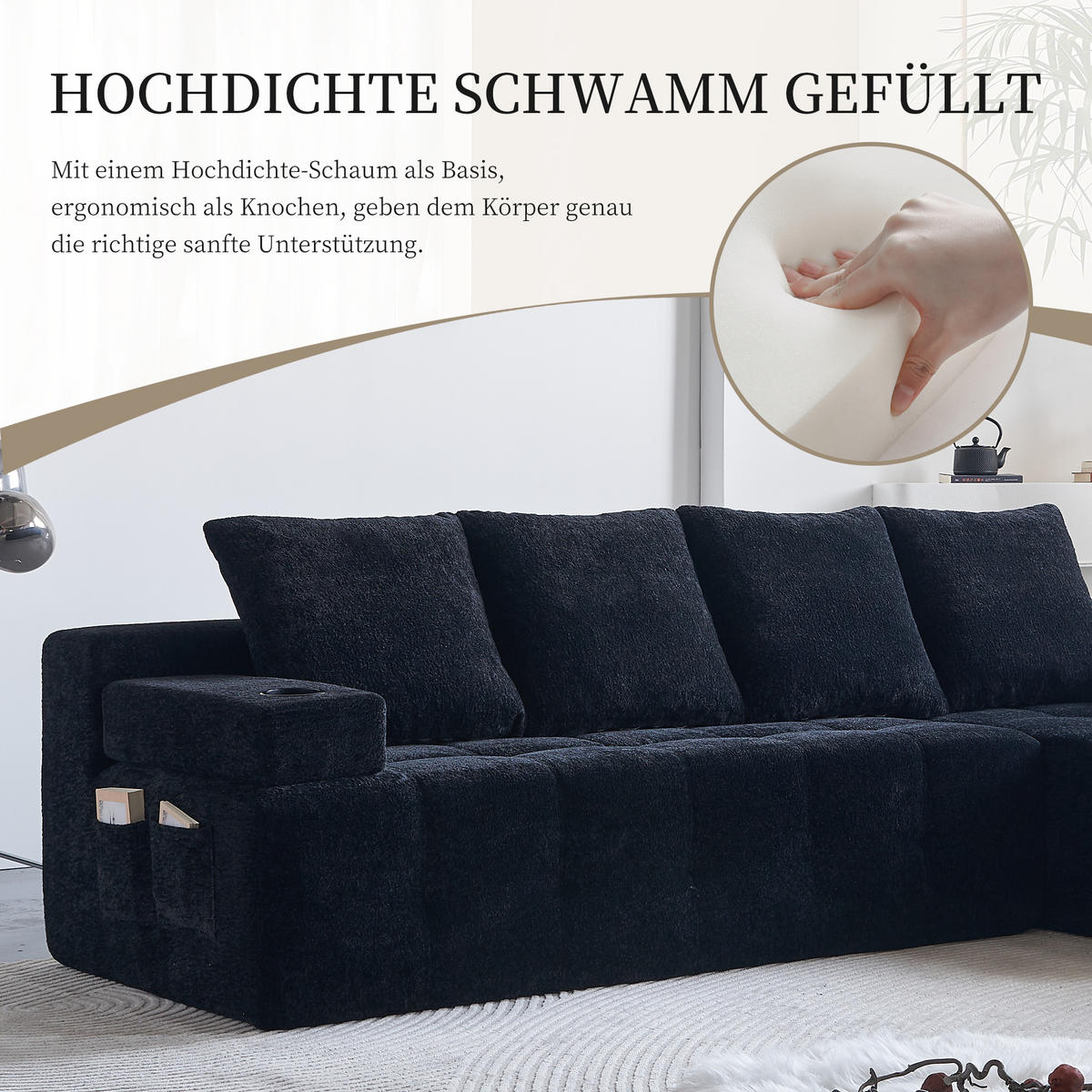 ECKSOFA Chenille Schwarz mit Becherhaltern und Seitenfach - Schwarz, Textil (260/168cm) - WISHDOR