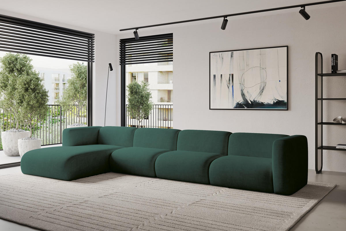 ECKSOFA Ottomane Links MIRA-L3 409x179x70 Grün Velours - Dunkelgrün/Schwarz, Holzwerkstoff/Kunststoff (409/179cm) - ALTDECOR