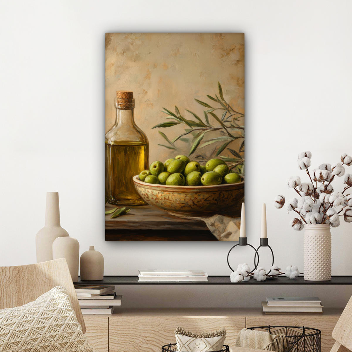 LEINWANDBILD Oliven - Stilleben - Vintage Wanddeko Schlafzimmer 60x90 cm - Olivgrün, Textil (60/90cm) - MuchoWow