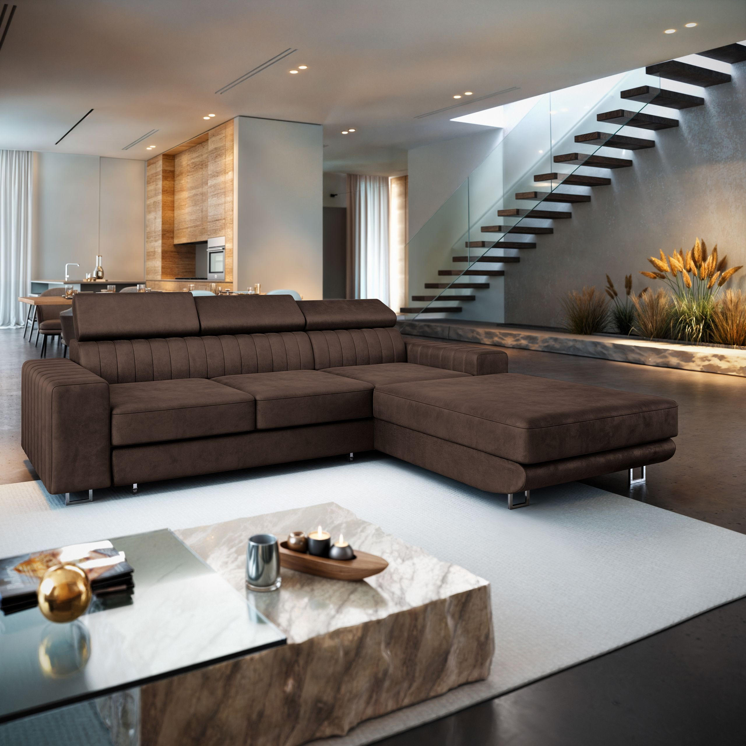 ECKSOFA NOTO R-S Braun Velours-Stoff mit Schlaffunktion - Braun, Holz (267/190cm) - MASSENO