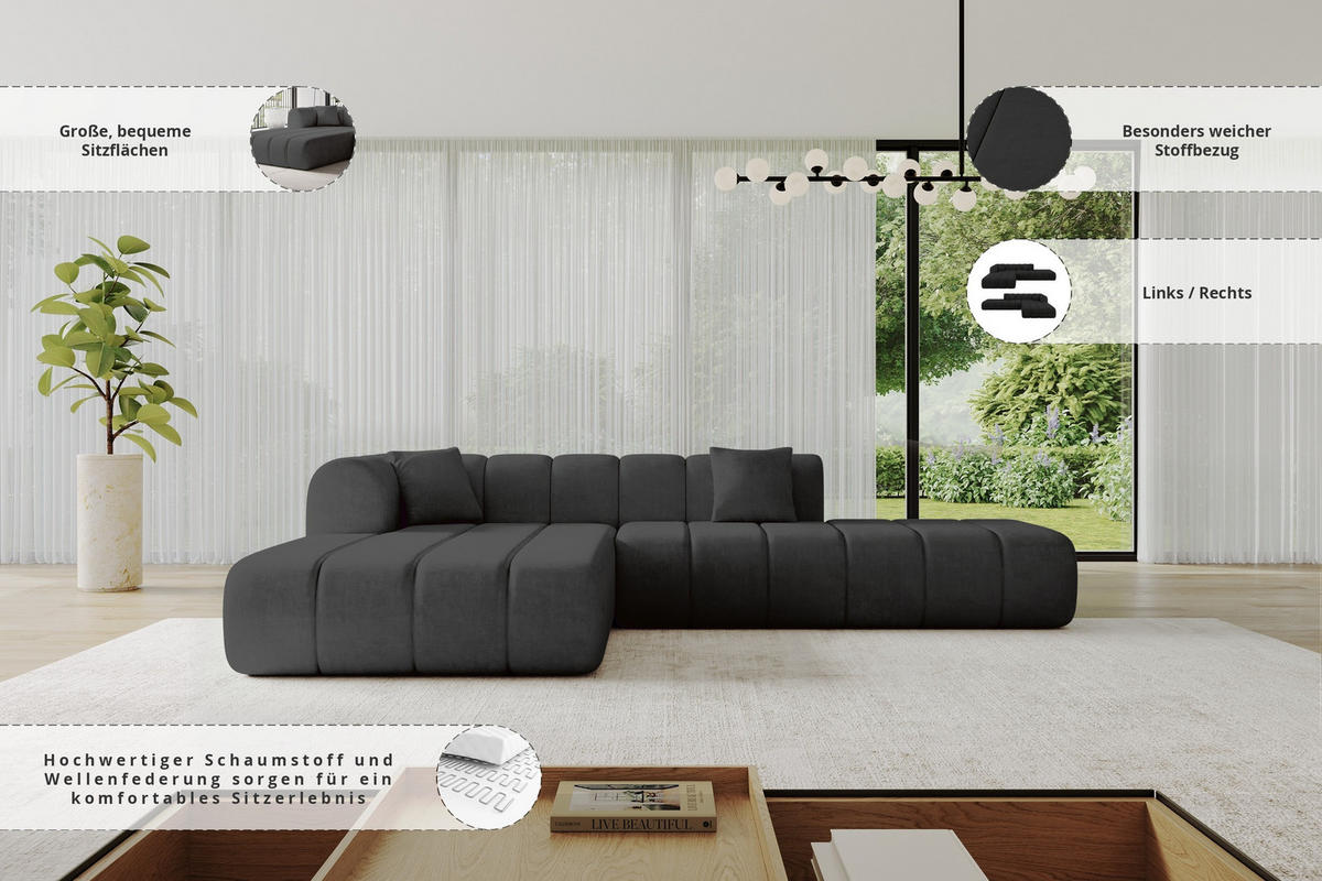 ROHOVÁ SEDAČKA s otomanem, levá BILA-L 289x176x71 Černá Velur - černá, kompozitní dřevo/textil (176/289cm) - ALTDECOR